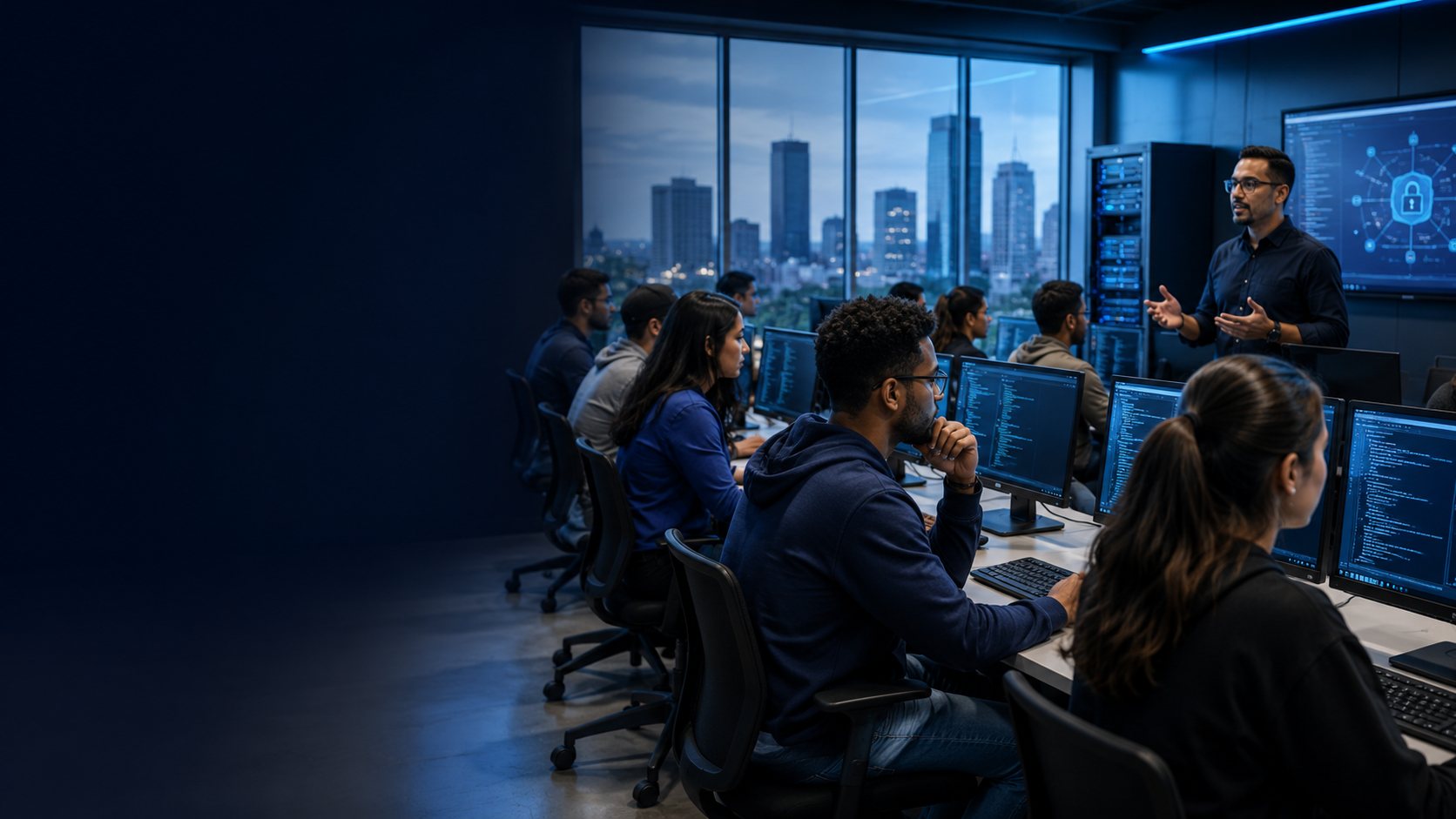 KB Tech Institute cybersecurity training classroom — students at workstations with instructor presenting