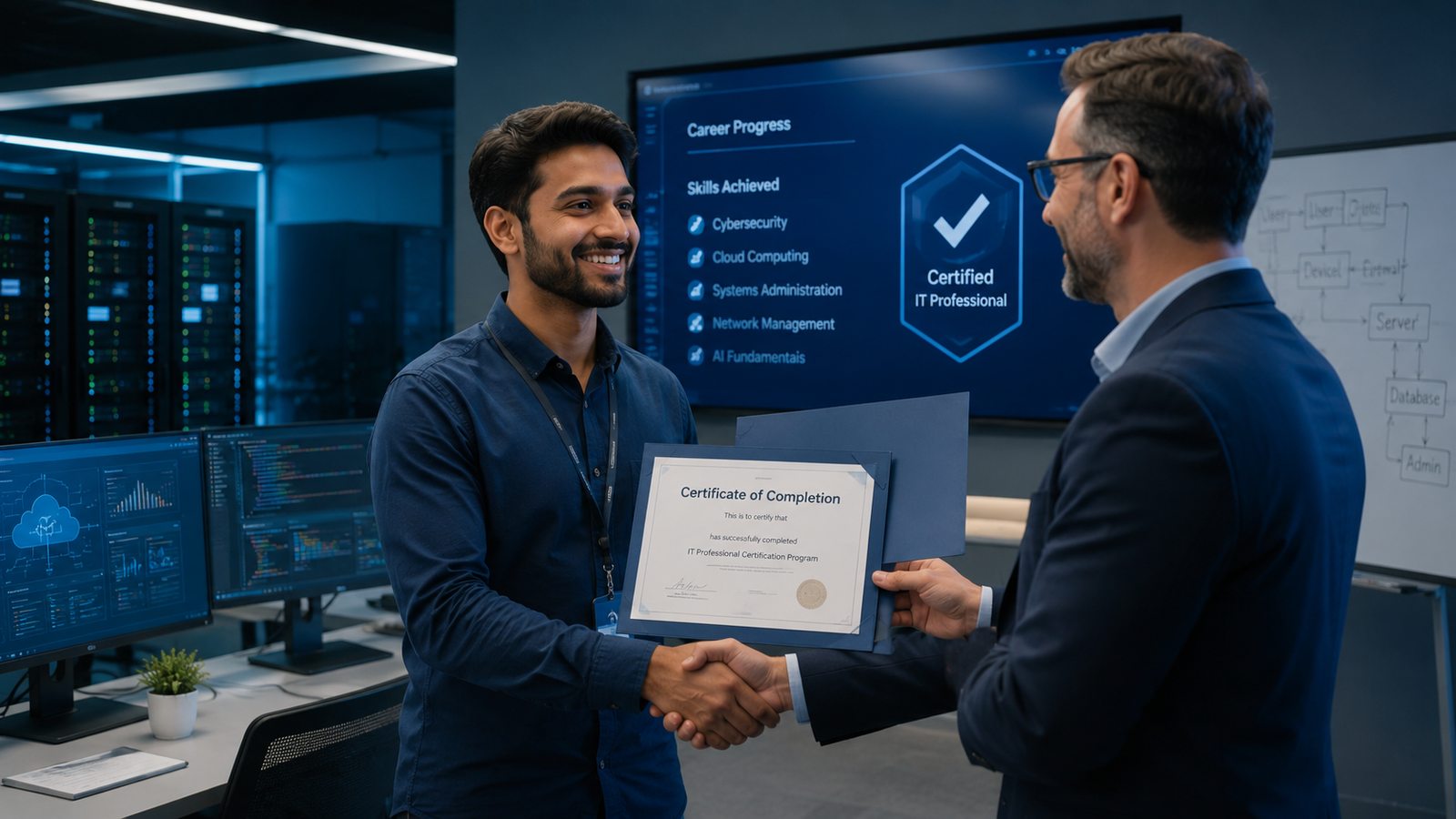 Student receiving an IT certificate in a technology training environment