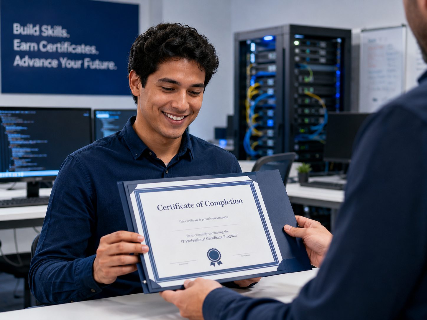 Student receiving an IT certificate in a technology training environment