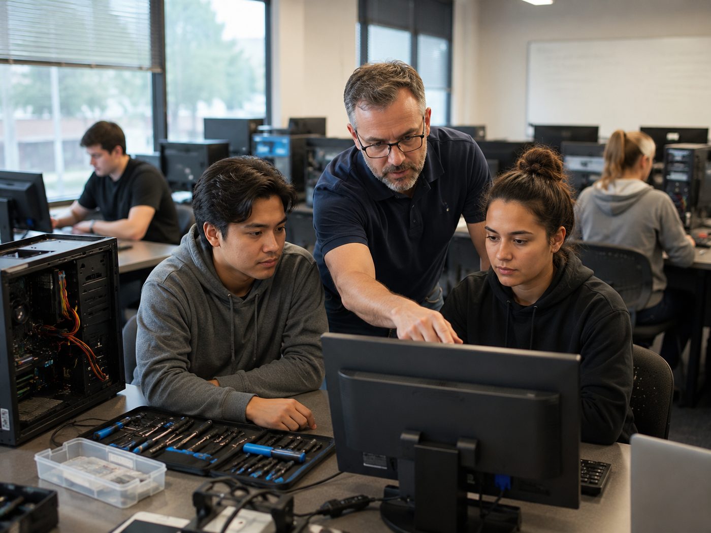Instructor guiding students during hands-on computer support training