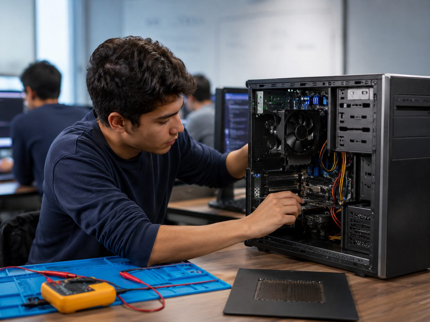 Student learning computer hardware repair in an IT training lab