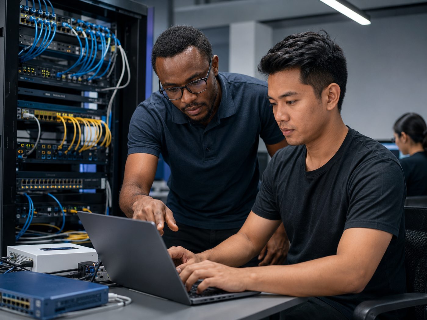Student working with network equipment in an IT training lab