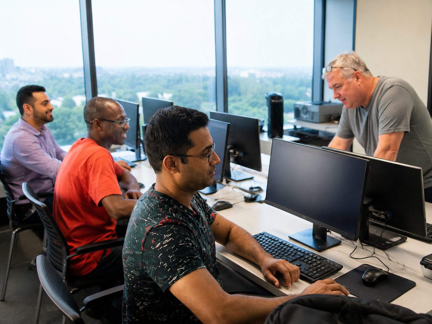 Adult students learning in a hands-on computer training classroom