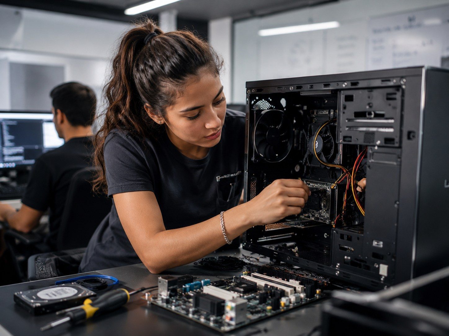 Student working on desktop computer hardware in a hands-on IT support lab