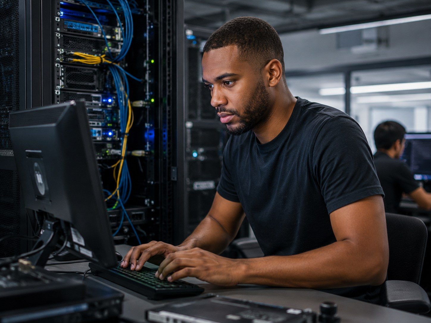 Systems administrator working at a server room workstation