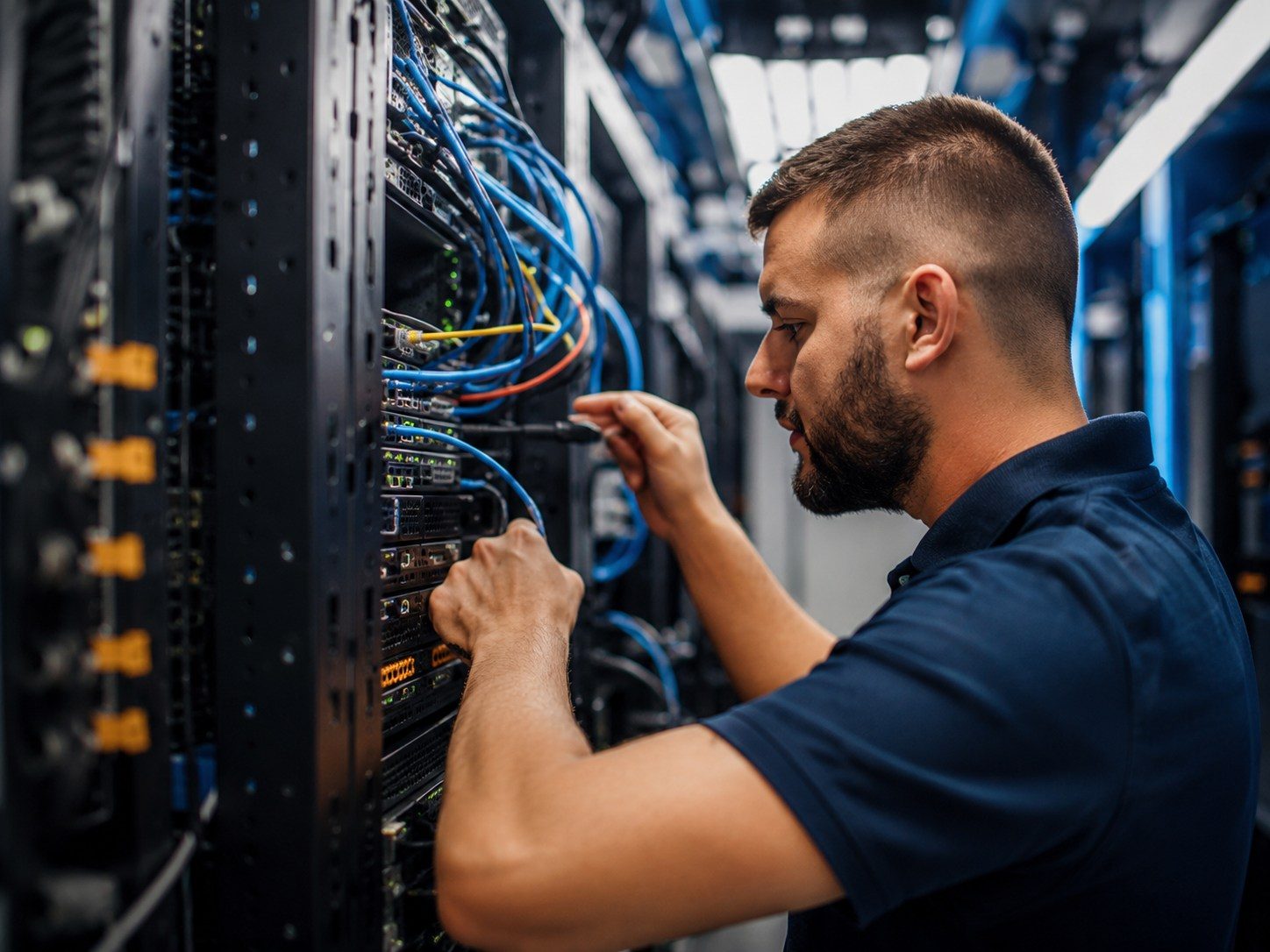 Technician working with enterprise server rack equipment