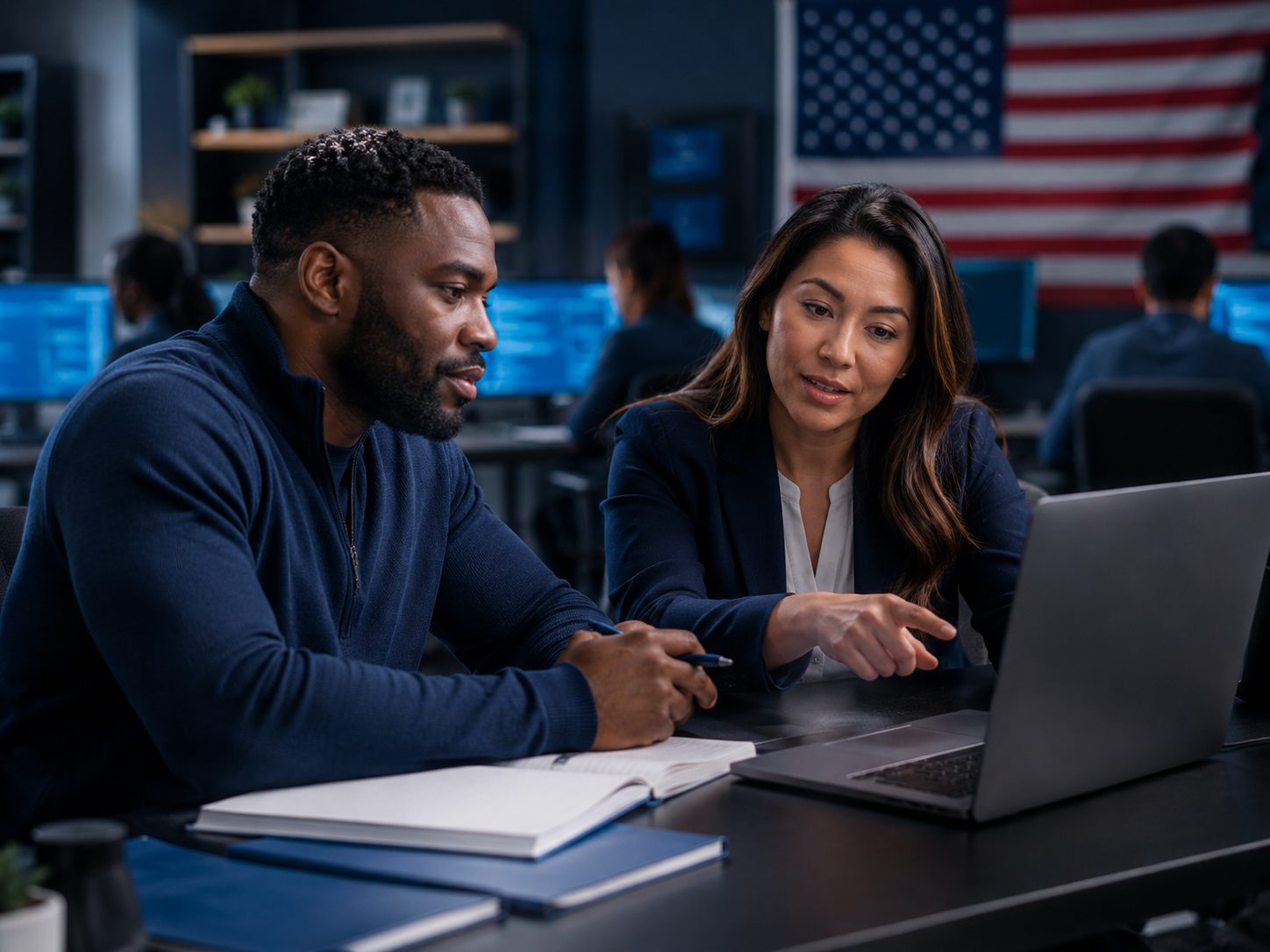 Advisor discussing training options with a veteran on a laptop