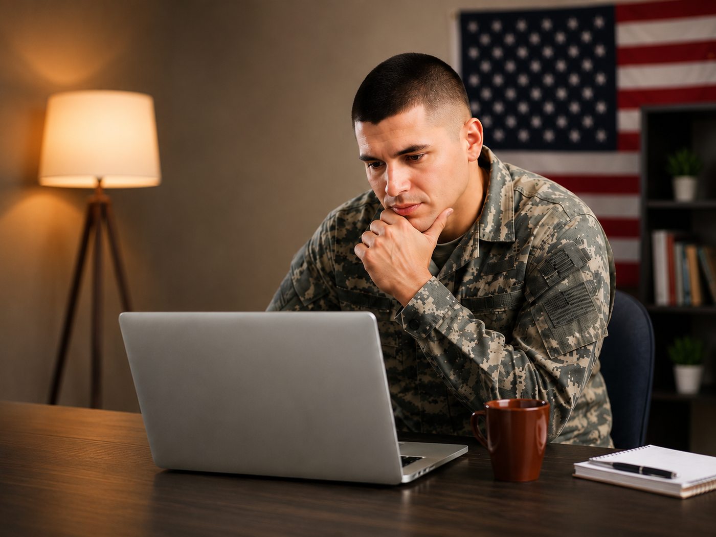 Veteran studying on a laptop with an American flag in the background